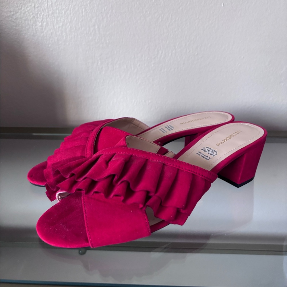 NWOT Liz Claiborne Red Ruffle Mules - Picture 2 of 5